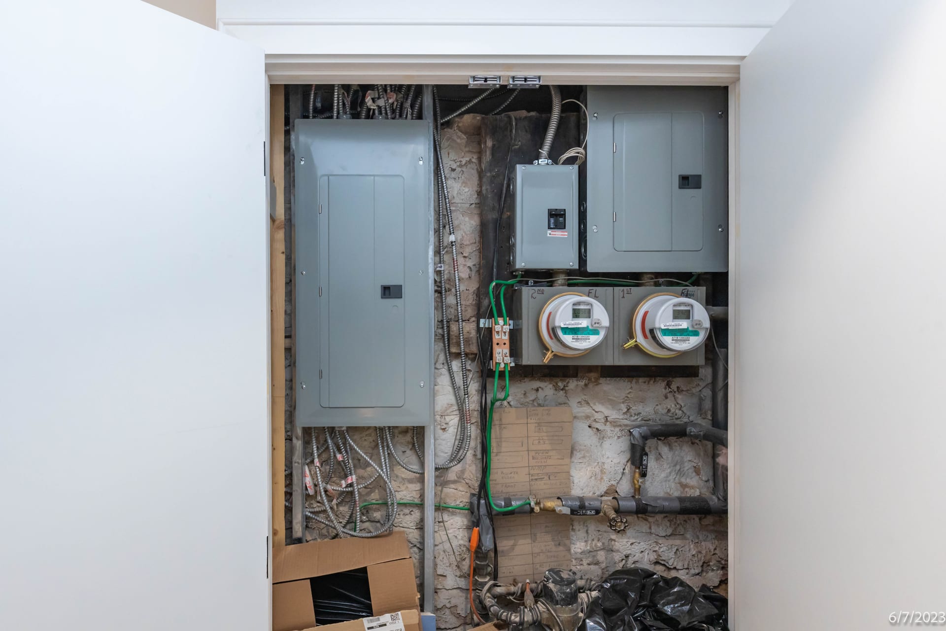 Electrical panel and meter baseline documentation from an OpenDoors360 pre-construction survey in New York City.